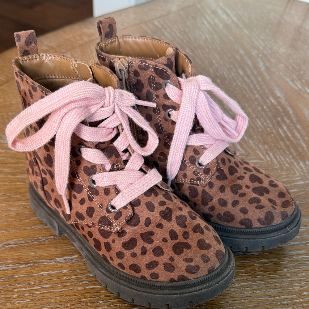 Leopard Print Kids Boots with Pink Laces